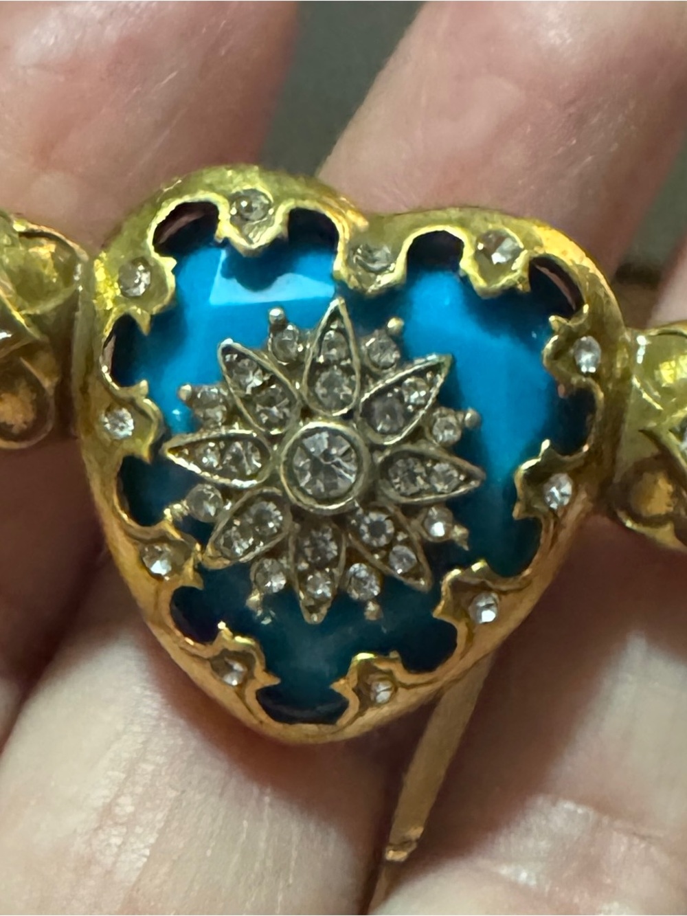 Gold-Tone Heart Bracelet with Bright Turquoise Enamel and Crystal Starburst